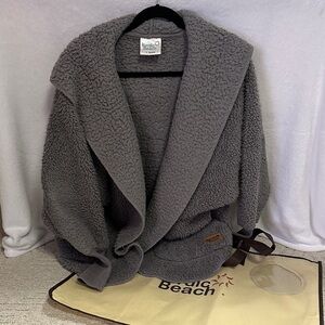 Nordic Beach Gray Sherpa Fleece Open Front Hooded Jacket Coat
